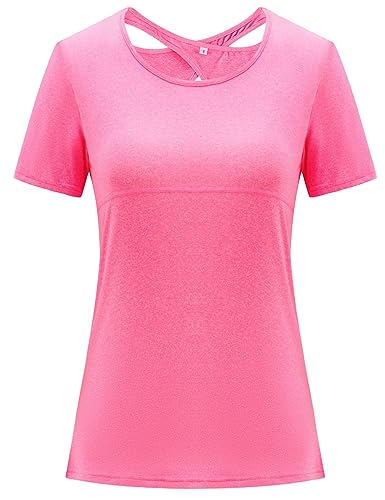 Sykooria Damen T-Shirt Sport Funktionsshirt Kurzarm Rundhals Sportshirt Atmungsaktiv Laufshirt Fitness Laufshirt Yoga Tops, Pink XXL von Sykooria