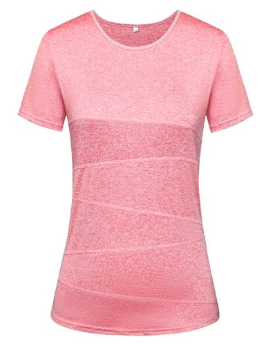 Sykooria Sport Shirts für Damen, Kurzarm Rundhals Sportshirt Leicht Fitness T-Shirts Laufshirt Atmungsaktiv Trainingshirt Yoga Tshirt Oberteile Tops, Rosarot XL von Sykooria