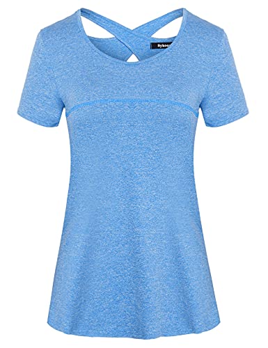 Sykooria Damen Sport Fitness T-Shirt Kurzarm Rundhals Laufshirt Trainingsshirt Leicht Back Rückenfrei Shortsleeve Gym Fitness Yoga Top, Blau S von Sykooria