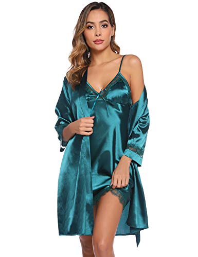 Sykooria Zwei Stücke Nachtwäsche Satin Morgenmantel Damen Sexy Kimono Damen Bademantel Kurz V Ausschnitt mit Gürtel und Babydoll Dessous Negligee Nachthemd Damen Sexy für Valentinstag, Dunkelgrün XXL von Sykooria