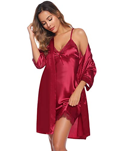 Sykooria Zwei Stücke Nachtwäsche Satin Morgenmantel Damen Sexy Kimono Damen Bademantel Kurz V Ausschnitt mit Gürtel und Babydoll Dessous Negligee Nachthemd Damen Sexy für Valentinstag, Weinrot XXL von Sykooria