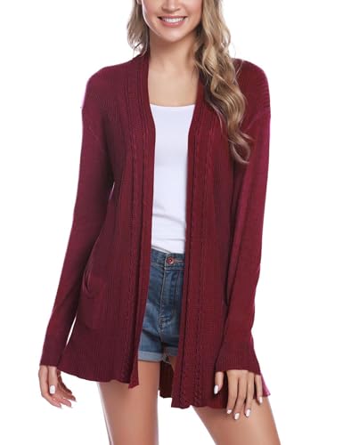 Sykooria Damen Strickjacke Langarm Cardigan Leichte Einfarbig Strickcardigan Casual Herbst Jacke Elegant Dünne Strick Jacken mit Tasche, Weinrot L von Sykooria