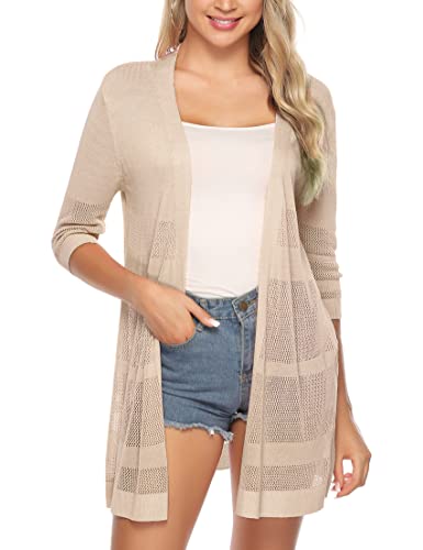 Sykooria Strickjacke Damen Sommer Lang Casual 3/4 Ärmel Leichte Cardigan Elegant Drapierte Strickjacken Dünne Strick Cardigan,Aprikose L von Sykooria