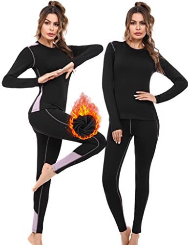 Thermounterwäsche Damen Funktionswäsche Warme Atmungsaktive Unterwäsche Set Skiunterwäsche (Schwarz Mix Lila, XL) von Sykooria