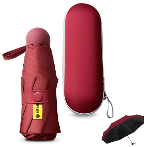 Sykrawki Reise-Regenschirm, 8 Rippen Taschenschirm mit Kapsel Fall,Kleiner UV-Regenschirm, Tragbarer Taschenschirm Für Männer Und Frauen (Rotwein) von Sykrawki