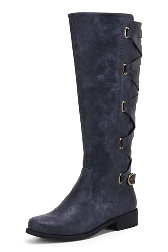 Damen Motorradstiefel mit Riemen, kniehoch, Winter, Schnürung, flacher Absatz, navy, 38 EU Damen Motorradstiefel mit Riemen, kniehoch, Winter, Schnürung, flacher Absatz, navy, 38 EU von Syktkmx