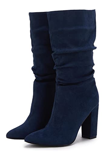 Damen Winterstiefel mit hohem Absatz, halbhoch, Veloursleder, Schlupfschuh, klobig, spitzer Zehenbereich, navy, 37 EU von Syktkmx