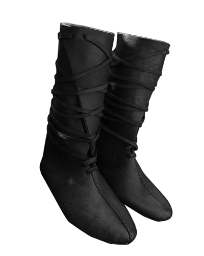 Herren Renaissance-/Mittelalter-Stiefel, für Cosplay, Halloween, Kunstleder, mittelhoch, Schnürschuh, Vintage-Stil, Pirat, Wikinger, gebundene Schuhe, Schwarz, 42 EU von Syktkmx