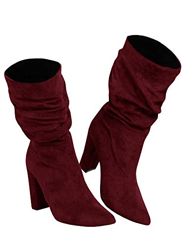 Syktkmx Damen Winterstiefel mit hohem Absatz, Wildleder, Schlupfschuh, klobig, Blockspitze Zehenpartie, Weinrot, 39 EU von Syktkmx