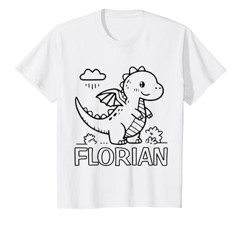 Kinder Florian Name Kindermotiv Dinosaurier Drache zum Ausmalen T-Shirt von SylColor Namensgeschenke mit Aufdruck zum Malen