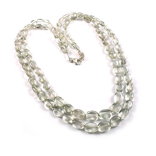 Natürliche Grüner Amethyst ovale Perlen mehrschichtige Halskette | Grüner Amethyst große Perle zweilagiger Edelstein Perlenschmuck mit 925 Sterling Silber Verschluss und verstellbarer Kette von Sylph Gems