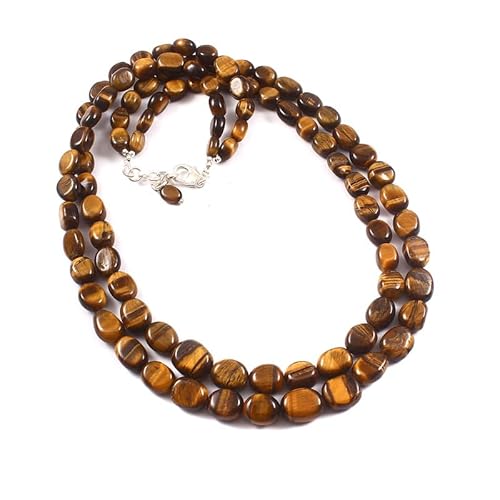 Sylph Gems Natürliche Tigerauge ovale Perlen mehrschichtige Halskette | Tigerauge große Perle zweilagiger Edelstein Perlenschmuck mit 925 Sterling Silber Verschluss und verstellbarer Kette von Sylph Gems