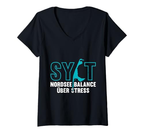 Damen NORDSEE Balance ÜBER Stress Lustiges Sylt T-Shirt mit V-Ausschnitt von Sylt Geschenk Nordsee Shirt Sylter Wattenmeer