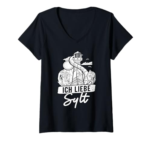 Damen Nordsee Urlaub ICH Liebe Sylt Lustiges Insel Sylt T-Shirt mit V-Ausschnitt von Sylt Geschenk Nordsee Shirt Sylter Wattenmeer