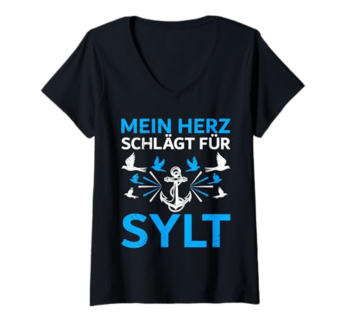 Damen Nordsee Urlaub Mein Herz SCHLÄGT FÜR Sylt Lustig Sylter T-Shirt mit V-Ausschnitt von Sylt Geschenk Nordsee Shirt Sylter Wattenmeer