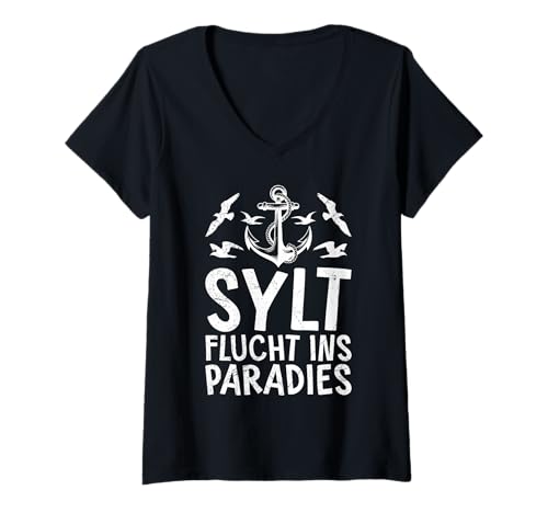 Damen Nordsee Urlaub Sylt Flucht INS Paradies Lustig Sylter T-Shirt mit V-Ausschnitt von Sylt Geschenk Nordsee Shirt Sylter Wattenmeer