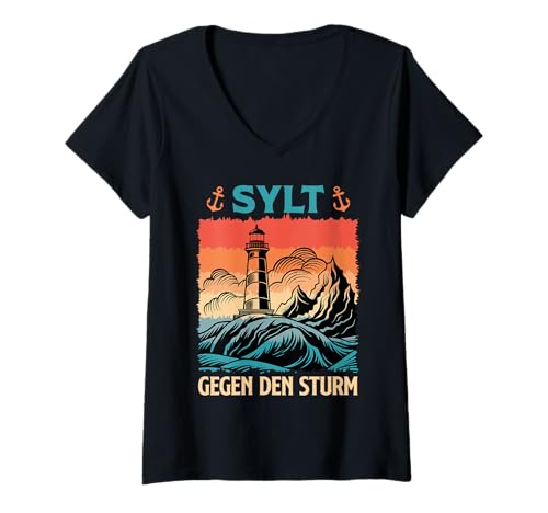 Damen Nordsee Urlaub Sylt GEGEN DEN Sturm Lustig Sylter T-Shirt mit V-Ausschnitt von Sylt Geschenk Nordsee Shirt Sylter Wattenmeer