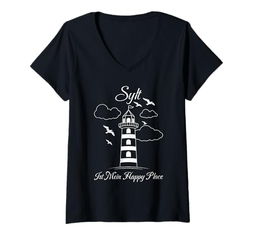 Damen Nordsee Urlaub Sylt IST Mein Happy Place Lustig Sylter T-Shirt mit V-Ausschnitt von Sylt Geschenk Nordsee Shirt Sylter Wattenmeer