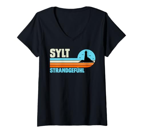 Damen Nordsee Urlaub Sylt STRANDGEFÜHL Lustiges Sylter T-Shirt mit V-Ausschnitt von Sylt Geschenk Nordsee Shirt Sylter Wattenmeer