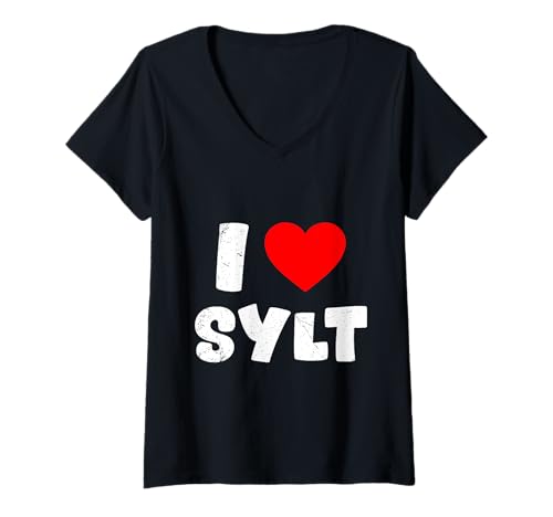 Damen Nordseeurlaub I Love Sylt Wattenmeer Lustiges Sylter T-Shirt mit V-Ausschnitt von Sylt Geschenk Nordsee Shirt Sylter Wattenmeer