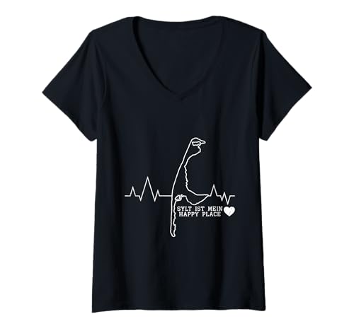 Damen Sylt IST Mein Happy Place Lustiges Nordseeurlaub T-Shirt mit V-Ausschnitt von Sylt Geschenk Nordsee Shirt Sylter Wattenmeer