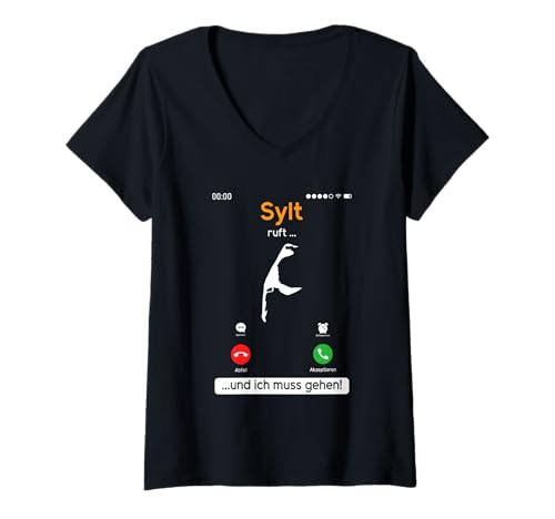Damen Sylt Ruft UND ICH MUSS GEHEN Sylter Lustiges Nordsee Urlaub T-Shirt mit V-Ausschnitt von Sylt Geschenk Nordsee Shirt Sylter Wattenmeer