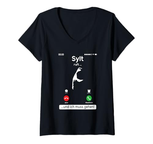 Damen Sylt Ruft UND ICH MUSS GEHEN Sylter Lustiges Nordsee Urlaub T-Shirt mit V-Ausschnitt von Sylt Geschenk Nordsee Shirt Sylter Wattenmeer