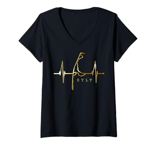 Damen Sylt Skyline Herzschlag Nordsee Herz Nordfriesen I Love Sylt T-Shirt mit V-Ausschnitt Damen Sylt Skyline Herzschlag Nordsee Herz Nordfriesen I Love Sylt T-Shirt mit V-Ausschnitt von Sylter Skylines für Nordfriesland & Sylt Fans