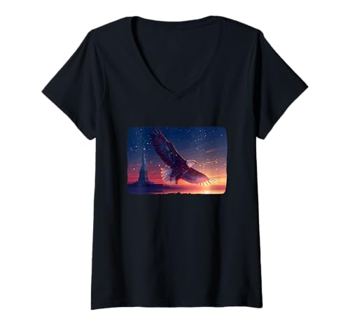 Damen Schöne Freiheitsstatue mit Adler für Erwachsene und Kinder T-Shirt mit V-Ausschnitt Damen Schöne Freiheitsstatue mit Adler für Erwachsene und Kinder T-Shirt mit V-Ausschnitt von Symbolic Eagle Outfit