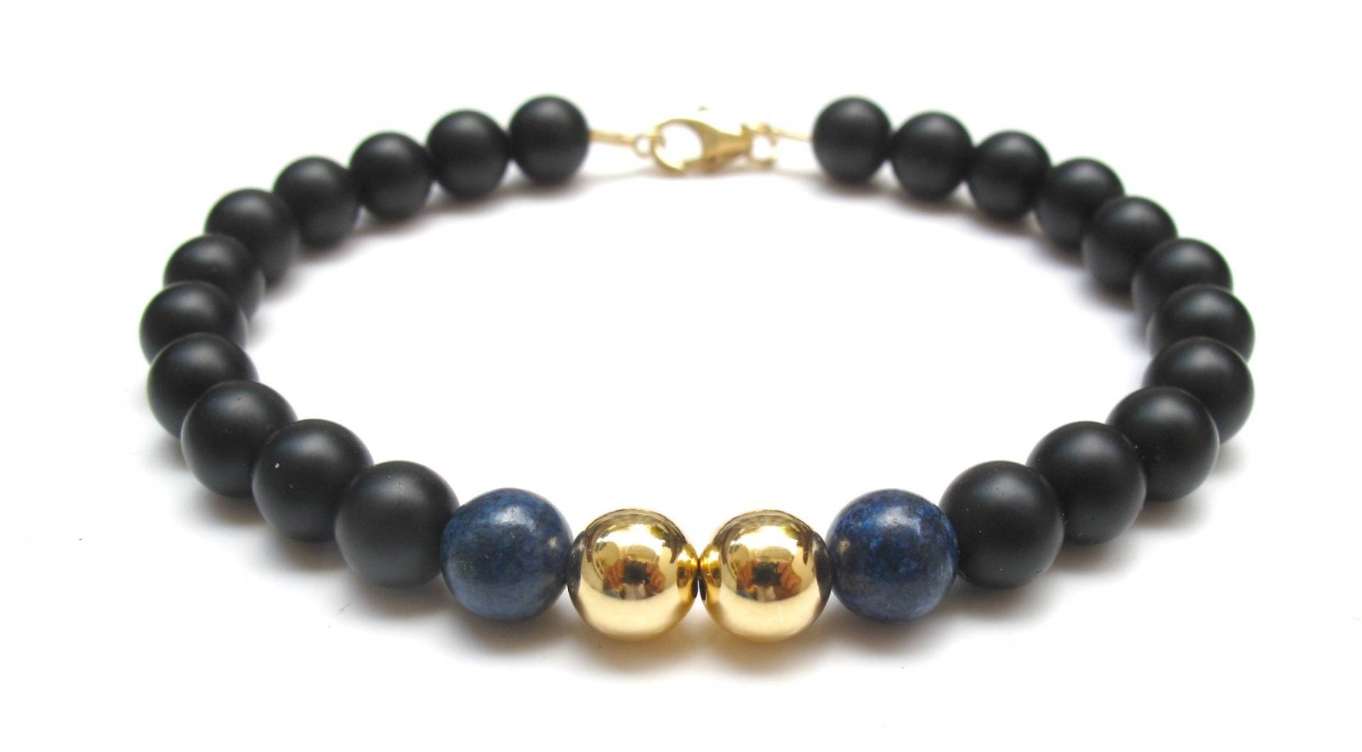 14K Massives Gold Schwarz Onyx Blau Lapis Große Perlen Armreif von Symbolinajewelry