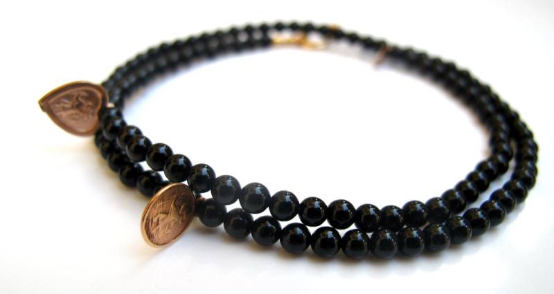 14K Solid Rose Gold Charms 4 Schwarze Onyx Perle Natürliche Armband Hamsa Echte Männer von Symbolinajewelry