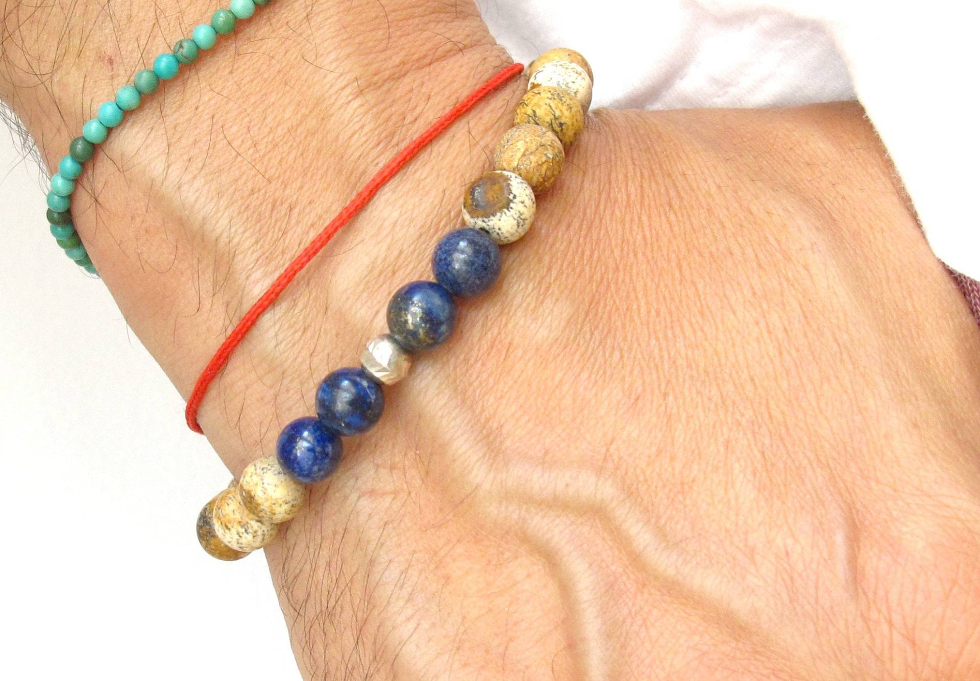 Jasper Lapis Lazuli Große Perlen Silber Armband Natürlichen Echten Edelstein Handgefertigt von Symbolinajewelry