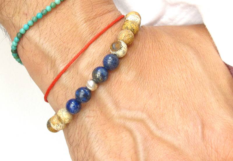 Jasper Lapis Lazuli Große Perlen Silber Armband Natürlichen Echten Edelstein Handgefertigt von Symbolinajewelry