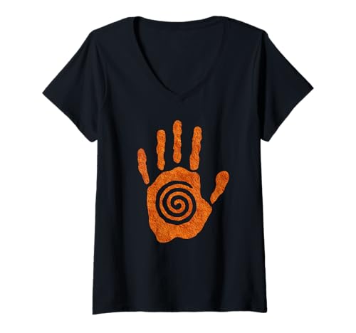 Damen Paleo Sun Spirale Handabdruck Altes Petroglyphe Symbol T-Shirt mit V-Ausschnitt Damen Paleo Sun Spirale Handabdruck Altes Petroglyphe Symbol T-Shirt mit V-Ausschnitt von Symbologi
