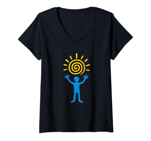 Damen Sunari Spirit Joyful Sun Spirale Petroglyphe Symbol T-Shirt mit V-Ausschnitt Damen Sunari Spirit Joyful Sun Spirale Petroglyphe Symbol T-Shirt mit V-Ausschnitt von Symbologi