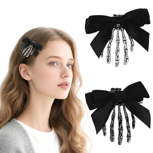 Gothic Halloween Haarschmuck, 2 Paar Totenkopf Haarnadel, Totenkopf Hand Haarspange mit Schwarze Schleife Haar Zubehör für Mädchen Damen von Symphonyw