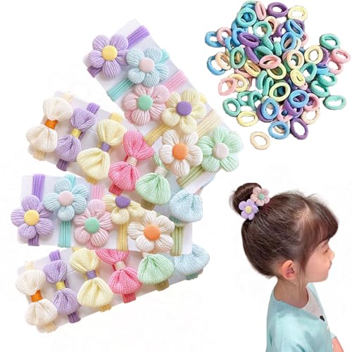 ﻿Klein Haargummi, 12 Stück Weich Haargummi mit Schleifen Blumen, Mini Elastische Haarbänder für Mädchen Baby Kleinkind (MIX-D 24 PCS +100 PCS, ONE SIZE) von Symphonyw
