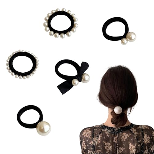 Perlen Haargummis, 5 Stück Elastische Haarbänder Haarschmuck, Perlen Pferdeschwanz Halter Bunt Haargummi für Damen Mädchen (Schwarz- 5 stück) von Symphonyw