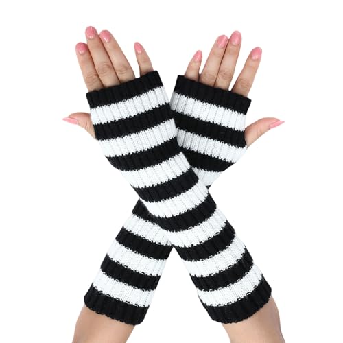 Symphonyw Damen Lange Fingerlose Handschuhe, Gestreift Stricken Armstulpen, Weiche Winter Armwärmer mit Daumenloch (Schwarz+Weiß) von Symphonyw
