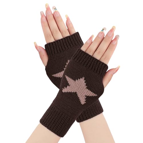 Symphonyw Stern Gedruckt Fingerlose Handschuhe, 1 Paar Y2K Halbfinger Handschuhe mit Daumenloch Winter Gestrickt Warme Handschuhe für Männer Frauen (Coffee) von Symphonyw