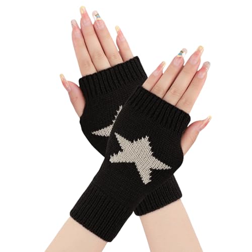 Symphonyw Stern Gedruckt Fingerlose Handschuhe, 1 Paar Y2K Halbfinger Handschuhe mit Daumenloch Winter Gestrickt Warme Handschuhe für Männer Frauen (Schwarz) von Symphonyw
