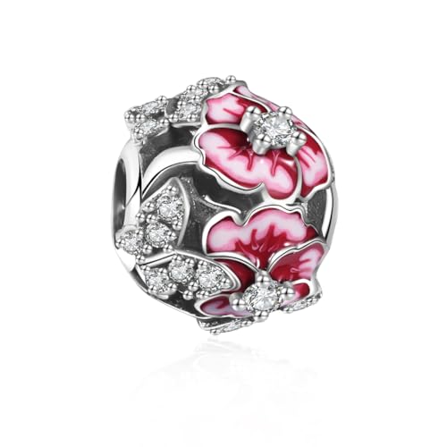 Rosa Stiefmütterchen Blume Charms-Anhänger 925 Sterling Silber für Europäische Charm Armbänder und Halskette,Blume Bead Charme Perlen Schmuck Geschenke für Freunde von Symretie