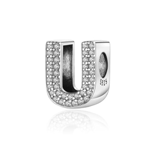 Symretie Charm-Anhänger Buchstabe des Alphabet U,Charm aus Sterling-Silber mit Zirkonia, mit europäischen Armbändern und Halskette von Symretie