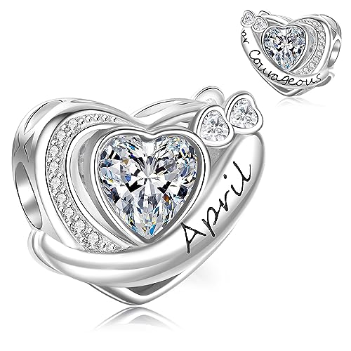 Symretie Charms Geburtsstein April Anhänger Charm aus 925er Sterlingsilber,Offen Gearbeiteter Herz Perlen Geburtstagsgeschenke für Frauen von Symretie