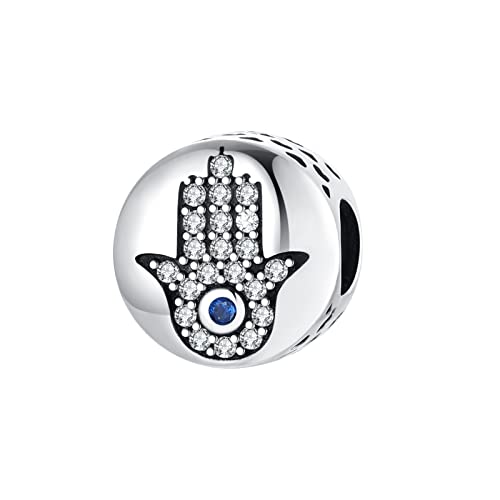 Symretie Hamsa Hand Charm Bead Anhänger mit Cubic Zirkonia,925 Sterling Silber passend für Armbänder und Halskette Perlen Schmuck Geschenke für Frauen Mädchen Familie und Freunde von Symretie