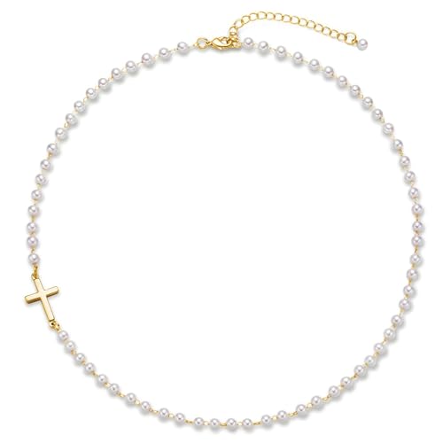 Symretie Damen Perlenkette Imitationsperle Halskette mit Kreuz,Verstellbare Perlenimitaten Runde mit 4 mm Pearl Necklace Hochzeit Brautschmuck Accessoires Symretie Damen Perlenkette Imitationsperle Halskette mit Kreuz,Verstellbare Perlenimitaten Runde mit 4 mm Pearl Necklace Hochzeit Brautschmuck Accessoires von Symretie