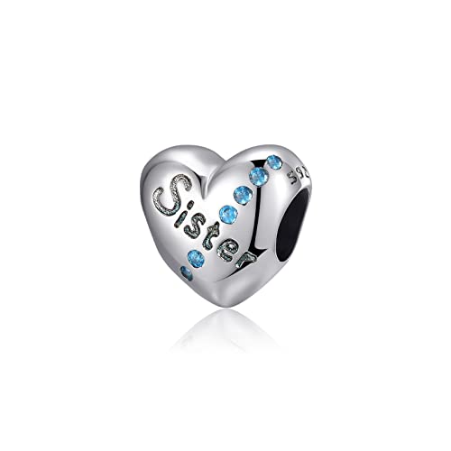 Symretie Schwester Herz Charms-Anhänger Blau 925 Sterlingsilber für Armbänder und Halskette Perlen Schmuck Geschenke für Frauen Mädchen Familie und Freunde von Symretie