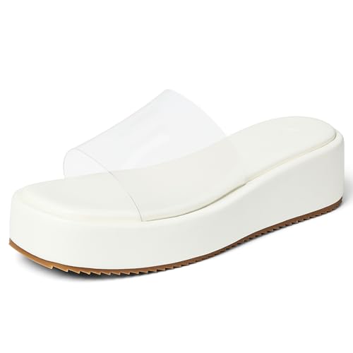 Klobige Plateau-Sandalen für Damen, bequem, gepolstert, Keilsandalen, quadratisch, offener Zehenbereich, weiche Pantoletten, Plateau-Slides für Damen, Sommer, lässig, flache Schuhe, Transparentweiß Klobige Plateau-Sandalen für Damen, bequem, gepolstert, Keilsandalen, quadratisch, offener Zehenbereich, weiche Pantoletten, Plateau-Slides für Damen, Sommer, lässig, flache Schuhe, Transparentweiß von Synchoiss