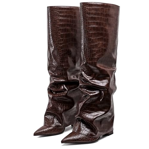 Synchoiss Kniehohe Damenstiefel, breite Wade, klobiger hoher Absatz, modischer Faltstiefel, spitzer Zehenbereich, Winter, Herbst, hohe Stiefel für Damen, zum Überziehen, trendig, Braun, 37.5 EU Synchoiss Kniehohe Damenstiefel, breite Wade, klobiger hoher Absatz, modischer Faltstiefel, spitzer Zehenbereich, Winter, Herbst, hohe Stiefel für Damen, zum Überziehen, trendig, Braun, 37.5 EU von Synchoiss