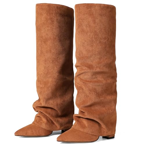 Synchoiss Kniehohe Damenstiefel, breite Wade, klobiger hoher Absatz, modischer Faltstiefel, spitzer Zehenbereich, Winter, Herbst, hohe Stiefel für Damen, zum Überziehen, trendig, Braunes Wildleder Synchoiss Kniehohe Damenstiefel, breite Wade, klobiger hoher Absatz, modischer Faltstiefel, spitzer Zehenbereich, Winter, Herbst, hohe Stiefel für Damen, zum Überziehen, trendig, Braunes Wildleder von Synchoiss